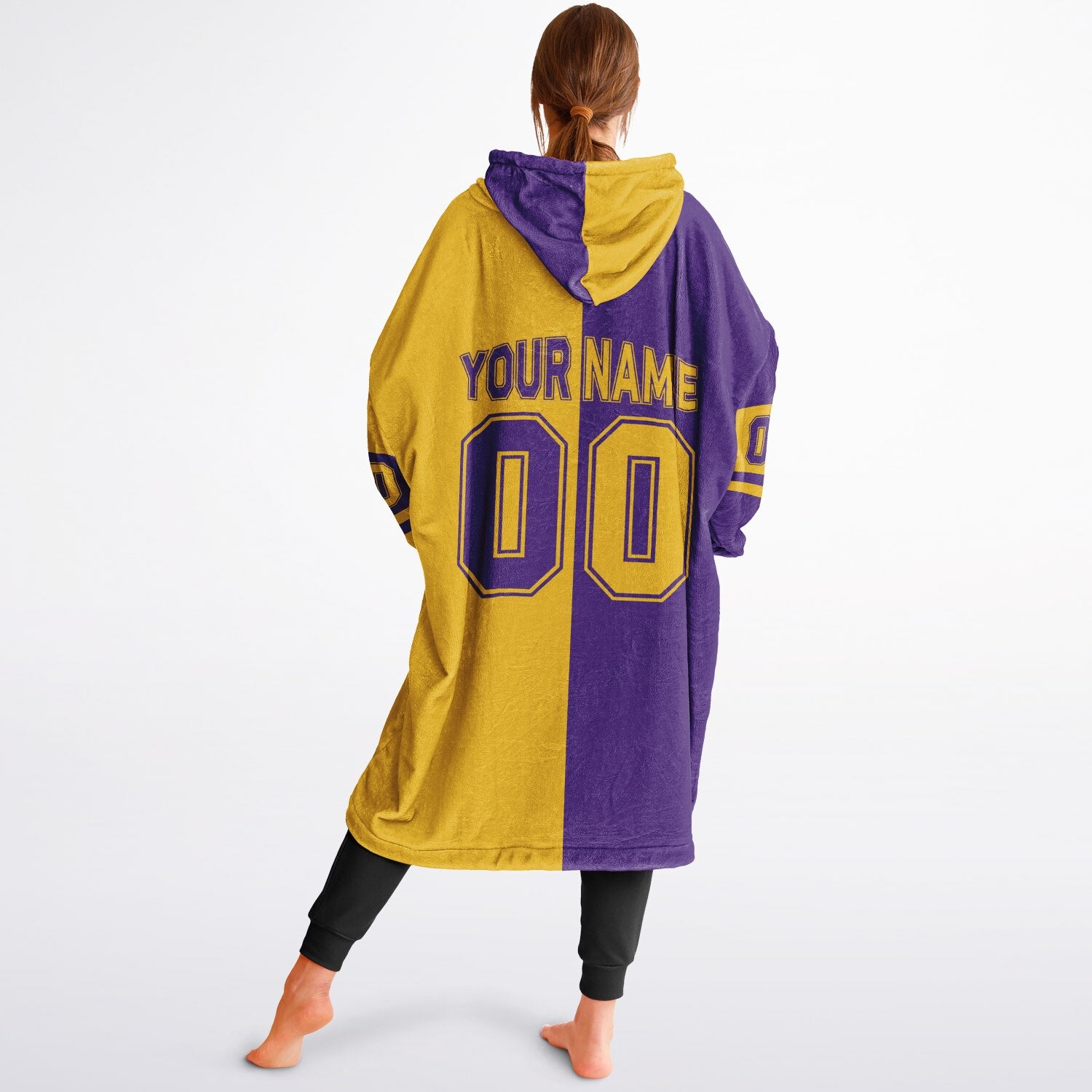 Purple and gold halftime snug hoodie featuring a symmetrical split design for a dynamic game-day look.