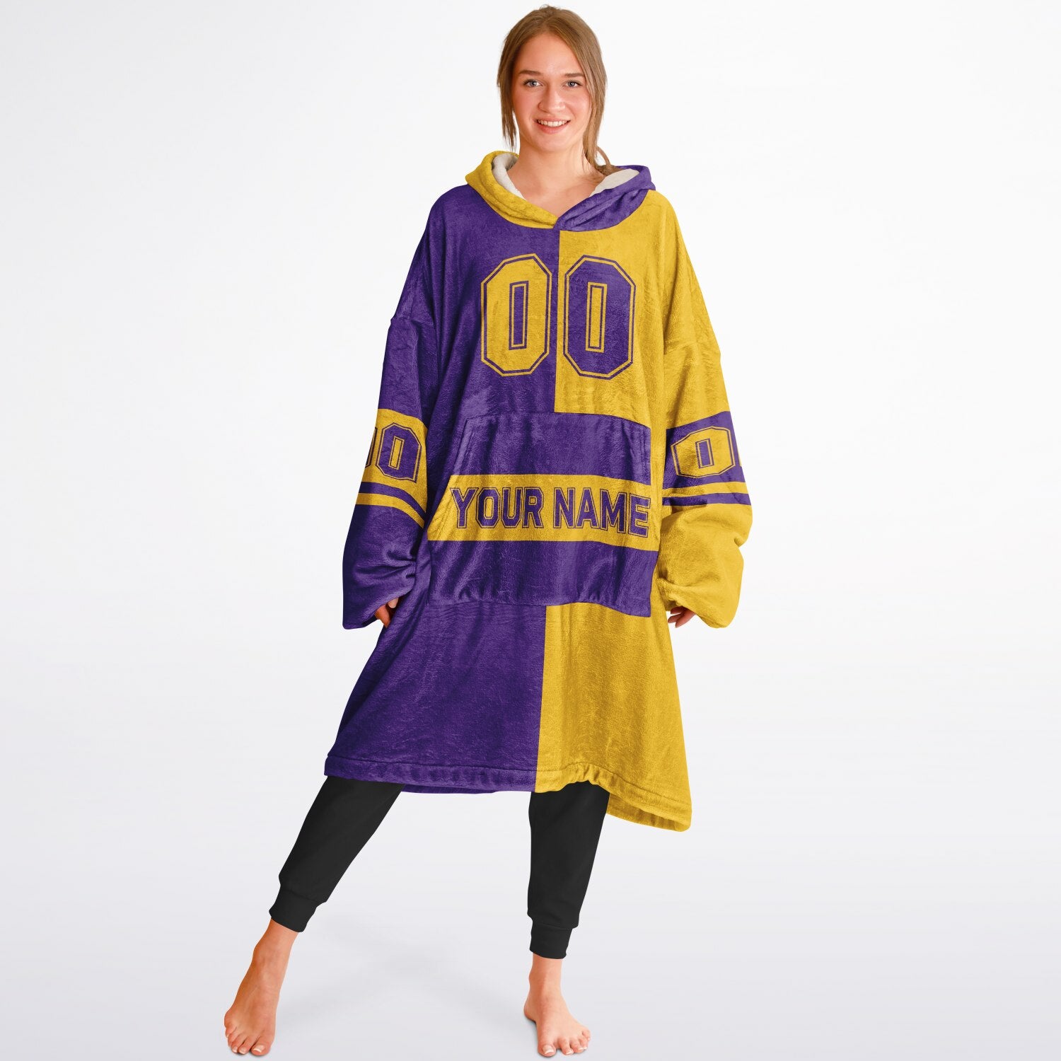 Purple and gold halftime snug hoodie featuring a symmetrical split design for a dynamic game-day look.