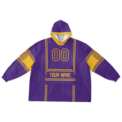 Purple and gold lineup snug hoodie featuring sleek line-art details and minimalist team-inspired design.