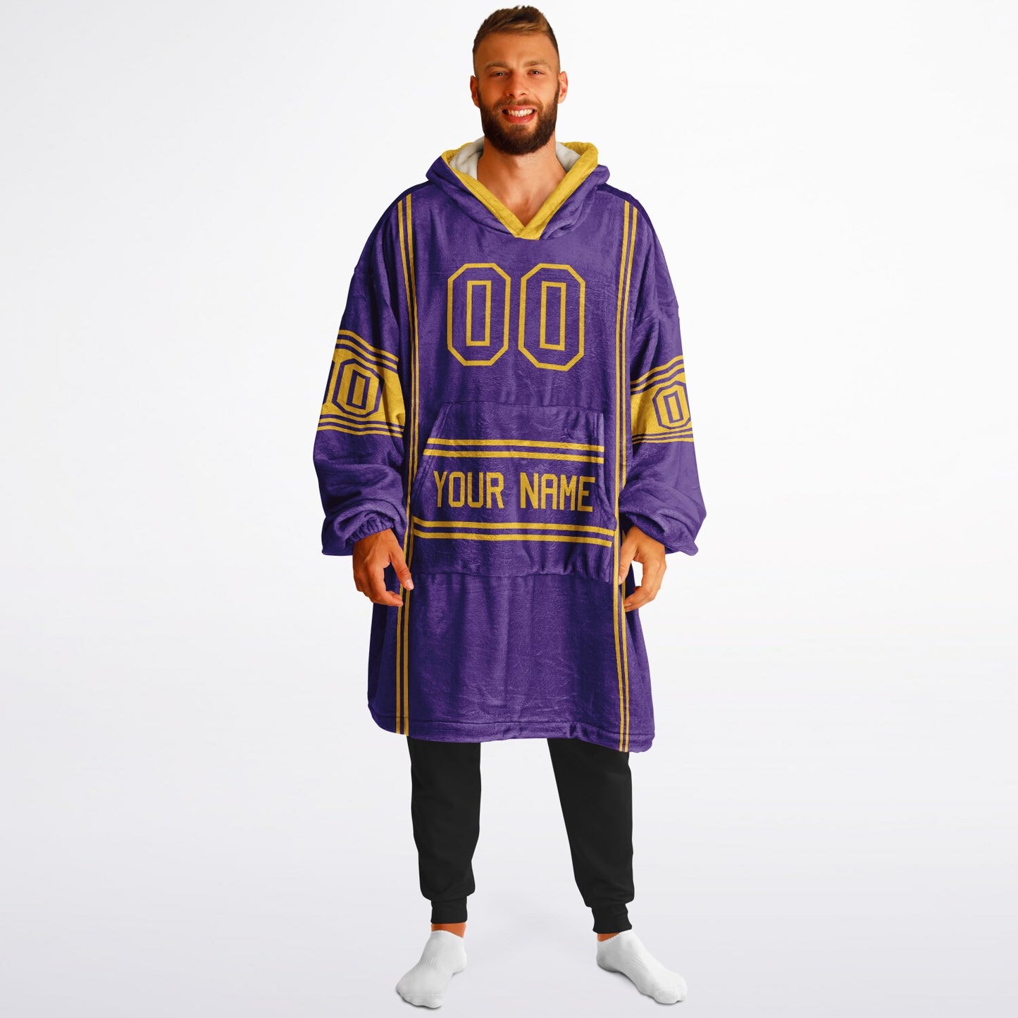 Purple and gold lineup snug hoodie featuring sleek line-art details and minimalist team-inspired design.