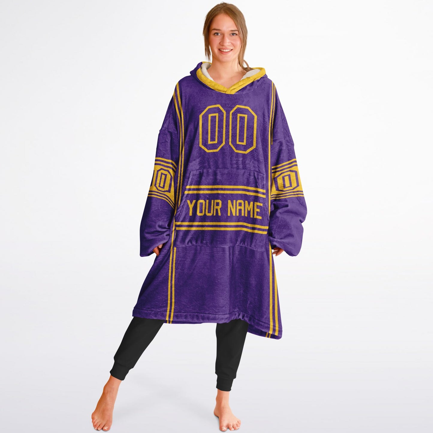 Purple and gold lineup snug hoodie featuring sleek line-art details and minimalist team-inspired design.