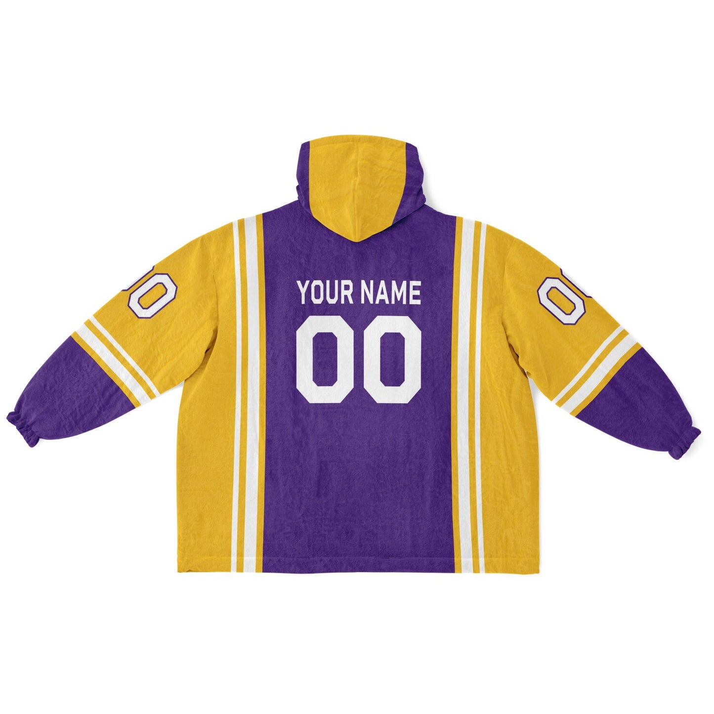 Purple, gold, and white bold snug hoodie with triple color blocking and a sporty aesthetic.