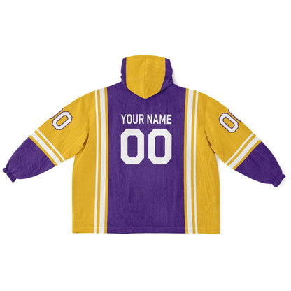 Purple, gold, and white bold snug hoodie with triple color blocking and a sporty aesthetic.