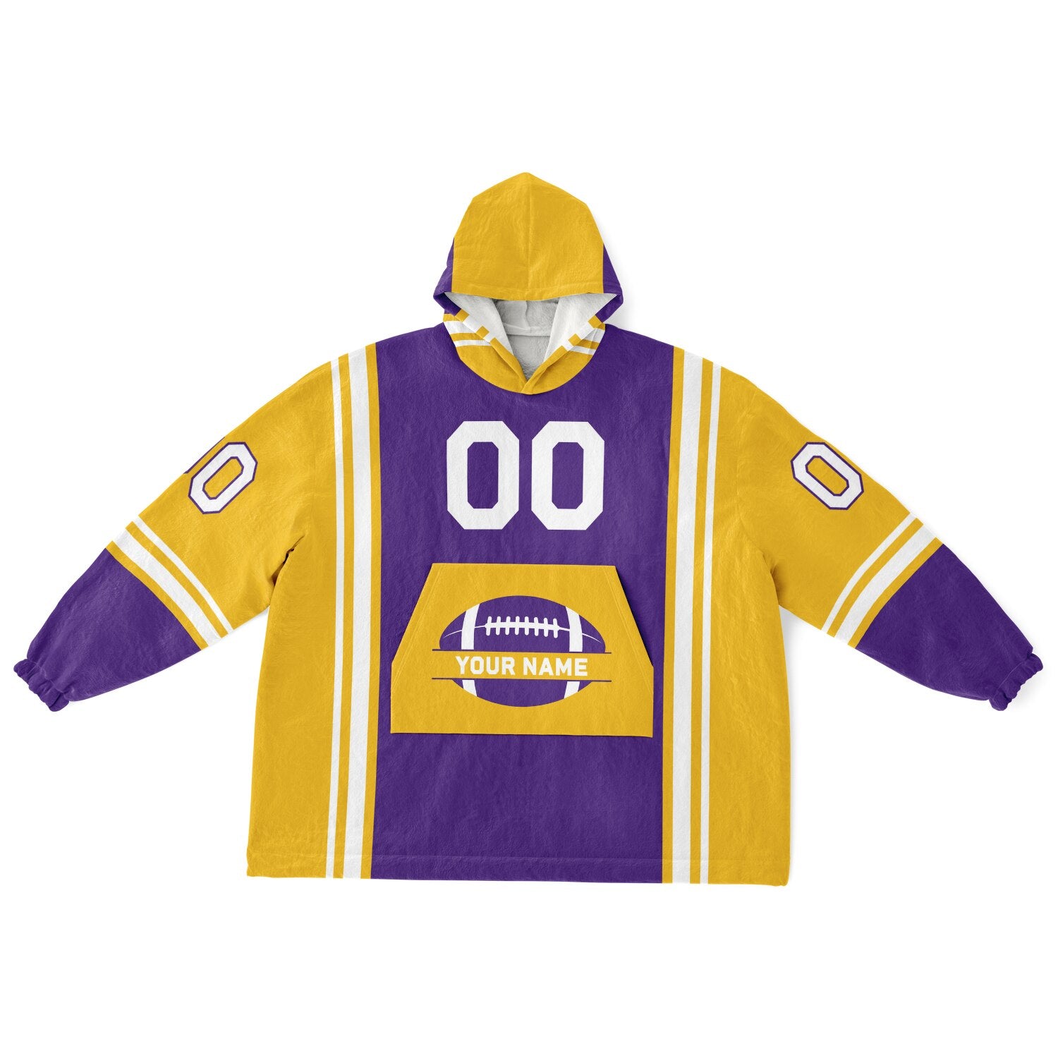 Purple, gold, and white bold snug hoodie with triple color blocking and a sporty aesthetic.