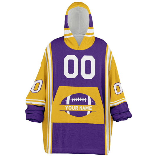 Purple, gold, and white bold snug hoodie with triple color blocking and a sporty aesthetic.