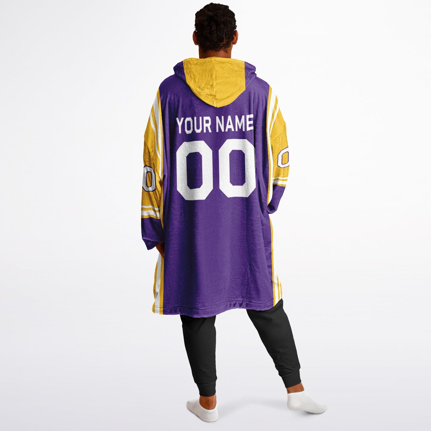 Purple, gold, and white bold snug hoodie with triple color blocking and a sporty aesthetic.