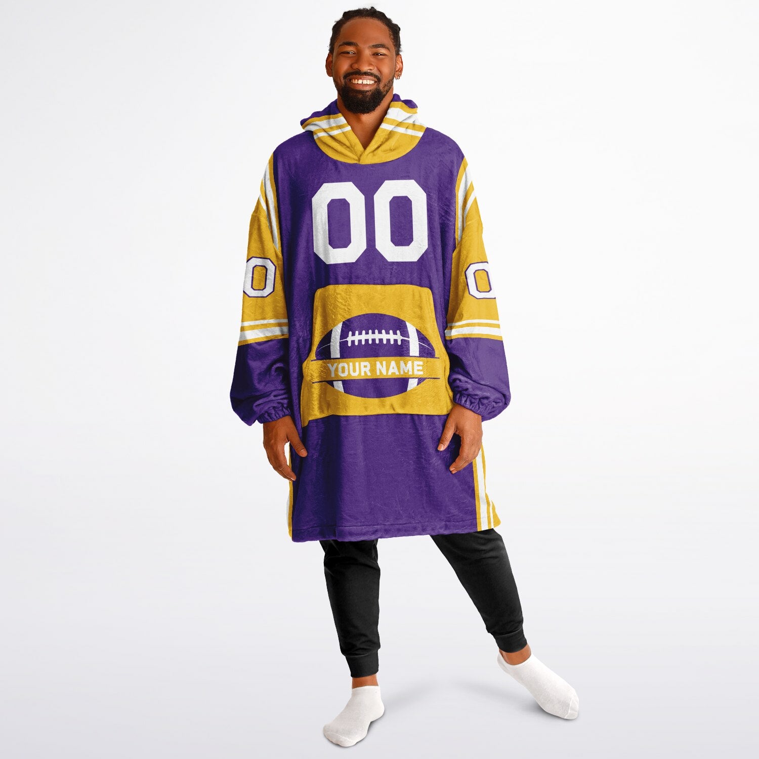 Purple, gold, and white bold snug hoodie with triple color blocking and a sporty aesthetic.