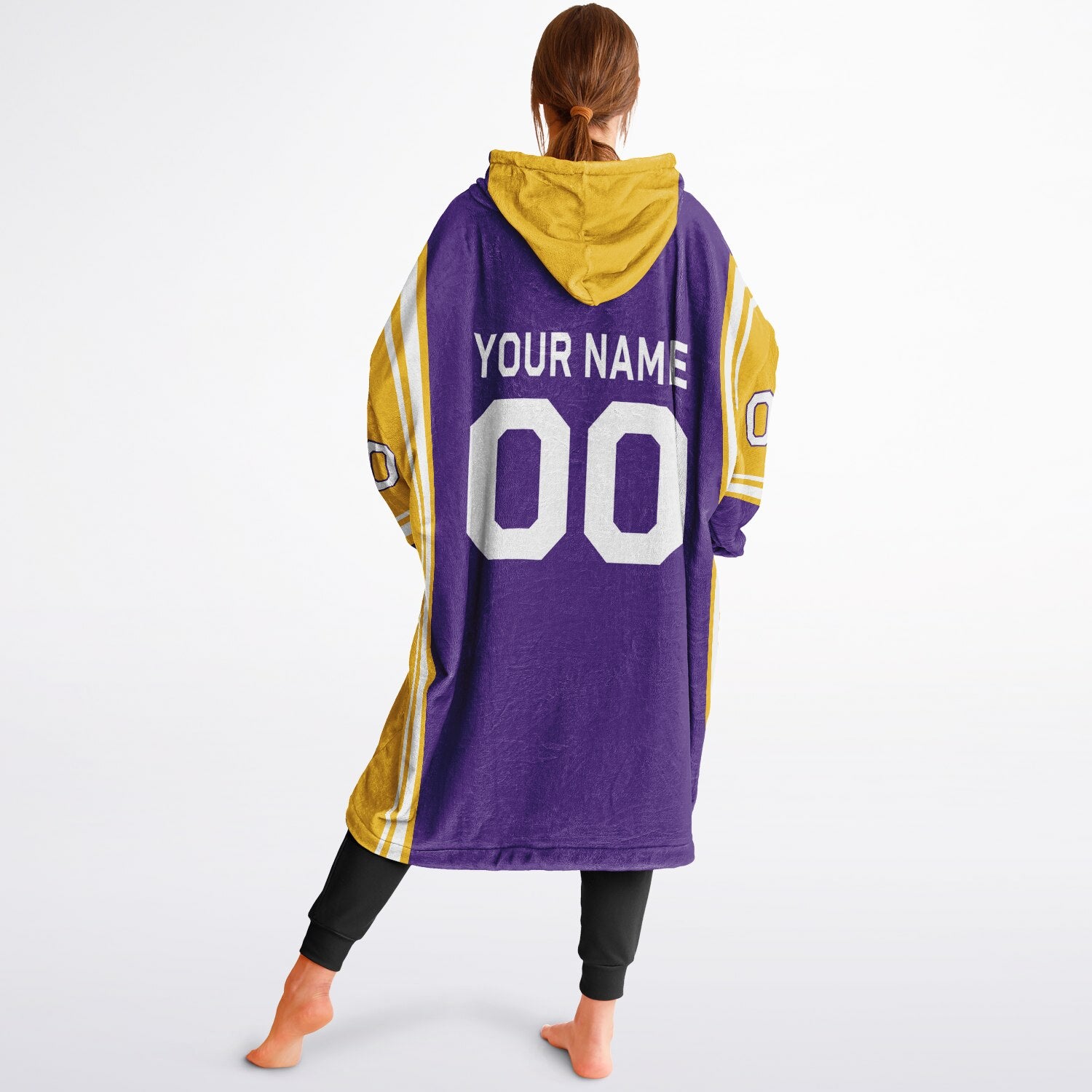 Purple, gold, and white bold snug hoodie with triple color blocking and a sporty aesthetic.