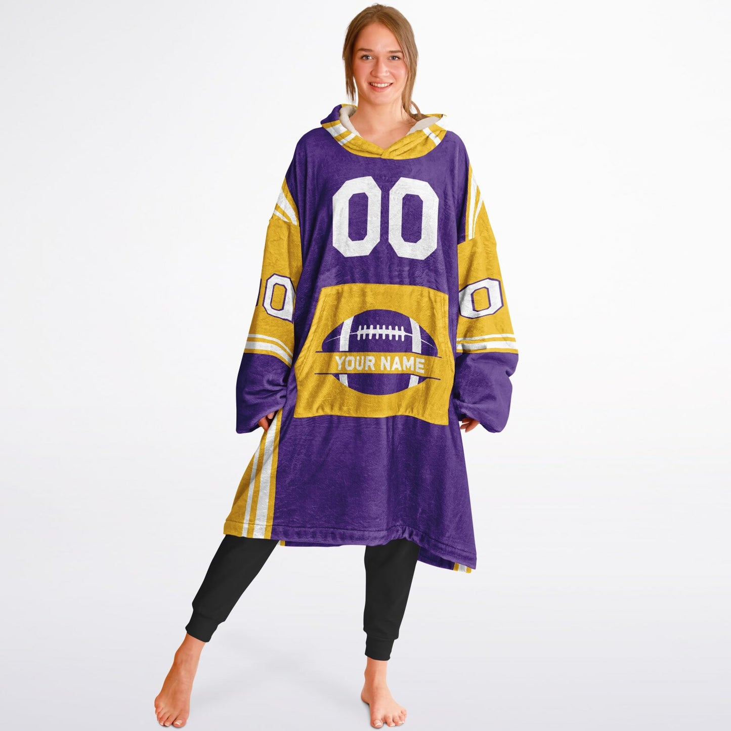 Purple, gold, and white bold snug hoodie with triple color blocking and a sporty aesthetic.