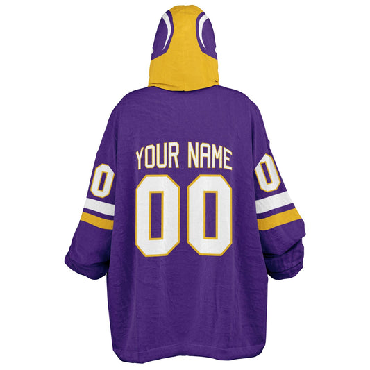 Purple, gold, and white classic snug hoodie featuring authentic jersey striping and personalized number details.