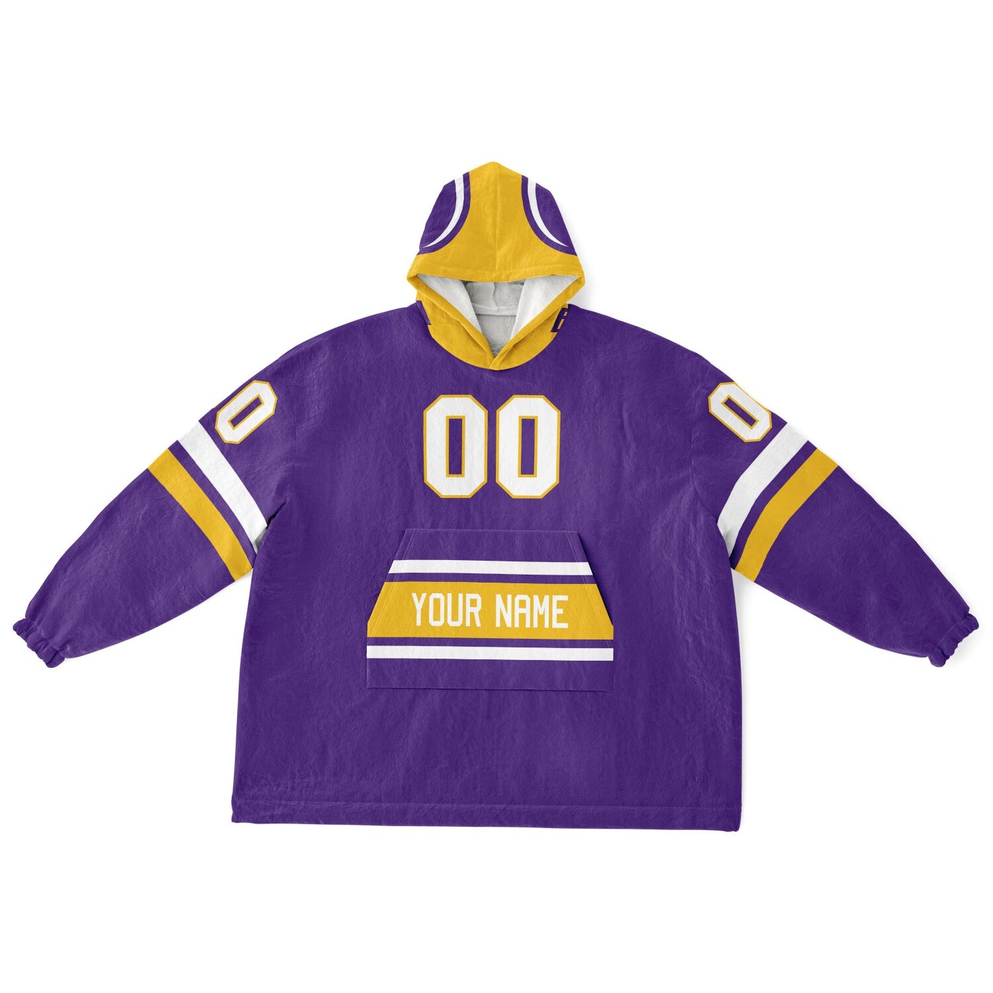 Purple, gold, and white classic snug hoodie featuring authentic jersey striping and personalized number details.
