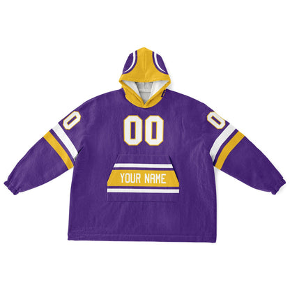 Purple, gold, and white classic snug hoodie featuring authentic jersey striping and personalized number details.