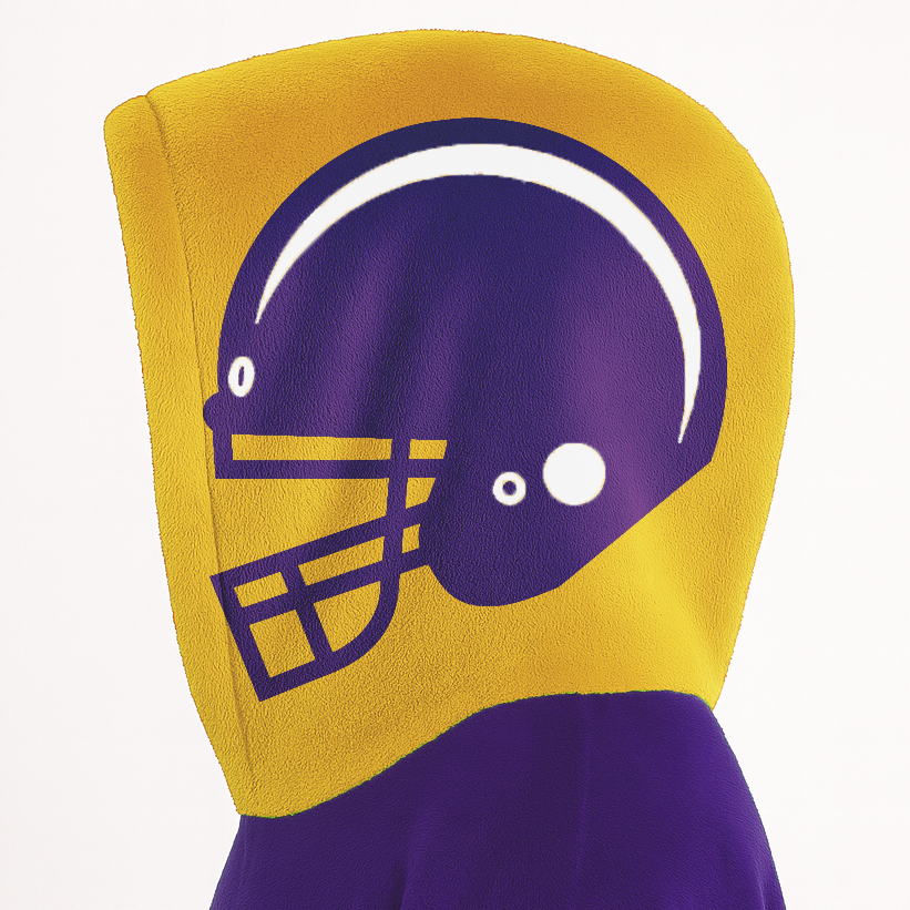 Purple, gold, and white classic snug hoodie featuring authentic jersey striping and personalized number details.