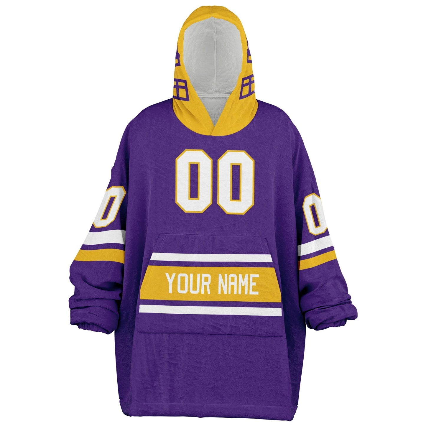 Purple, gold, and white classic snug hoodie featuring authentic jersey striping and personalized number details.