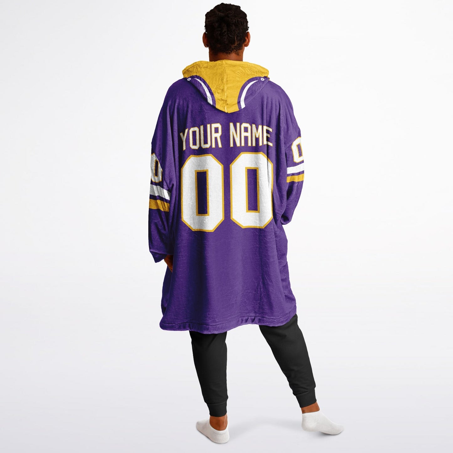 Purple, gold, and white classic snug hoodie featuring authentic jersey striping and personalized number details.