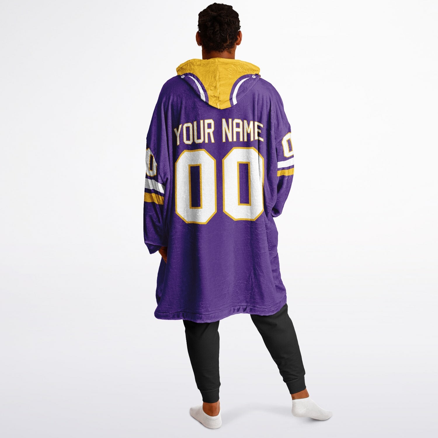 Purple, gold, and white classic snug hoodie featuring authentic jersey striping and personalized number details.