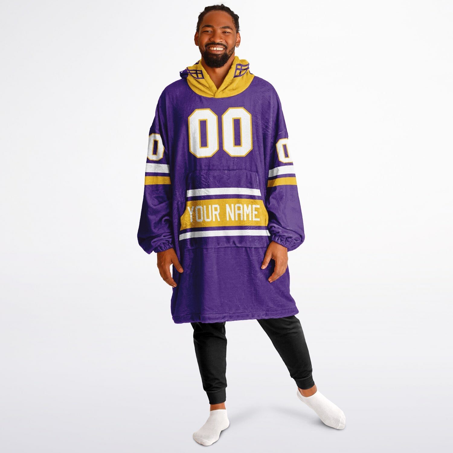 Purple, gold, and white classic snug hoodie featuring authentic jersey striping and personalized number details.