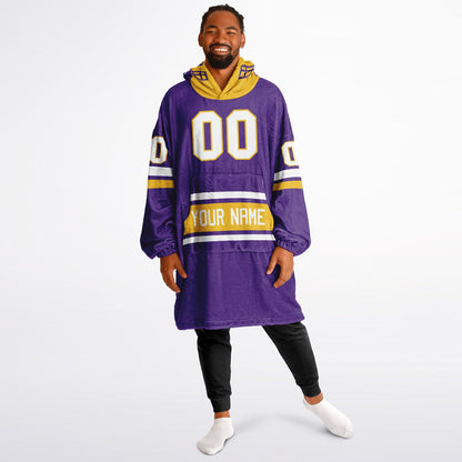 Purple, gold, and white classic snug hoodie featuring authentic jersey striping and personalized number details.