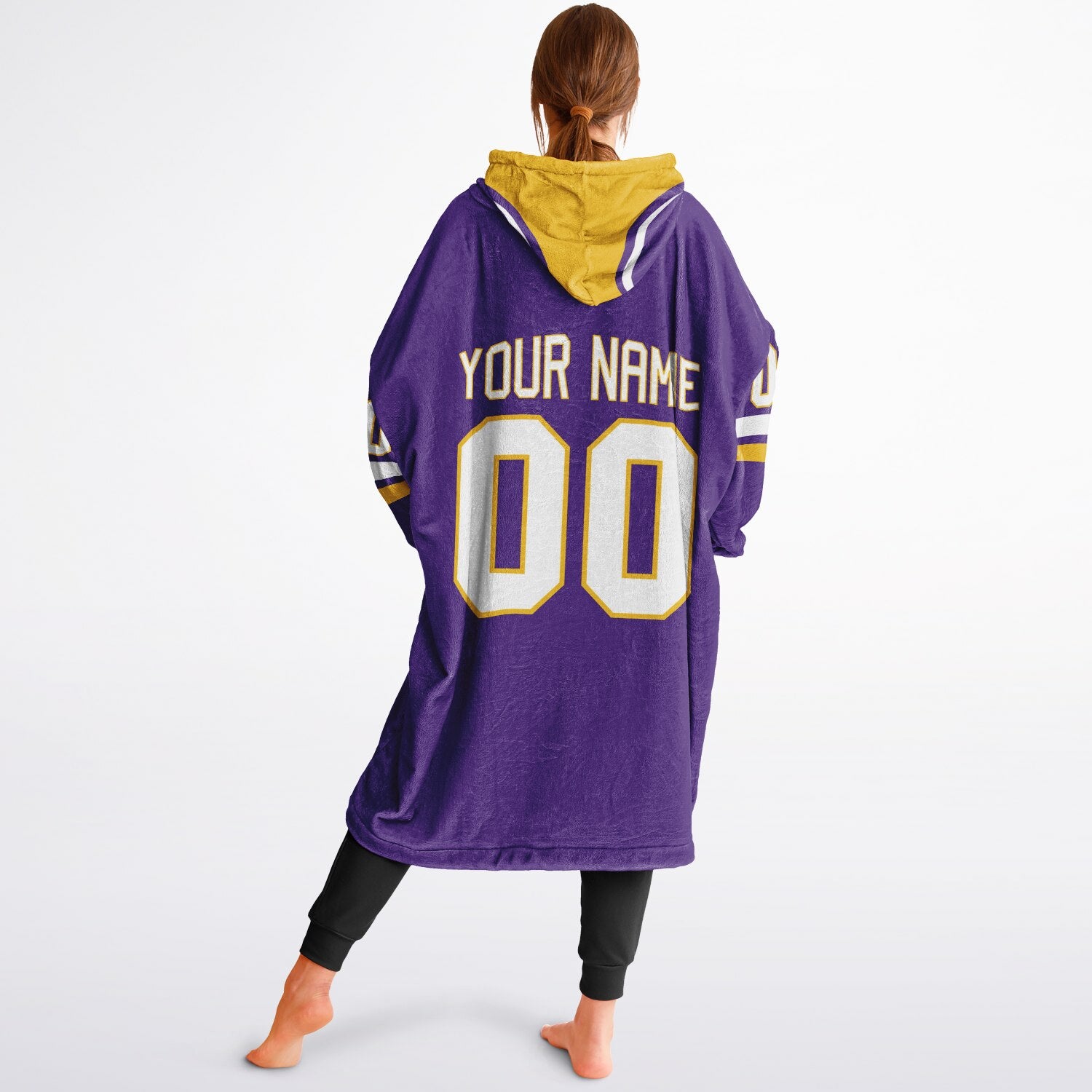 Purple, gold, and white classic snug hoodie featuring authentic jersey striping and personalized number details.
