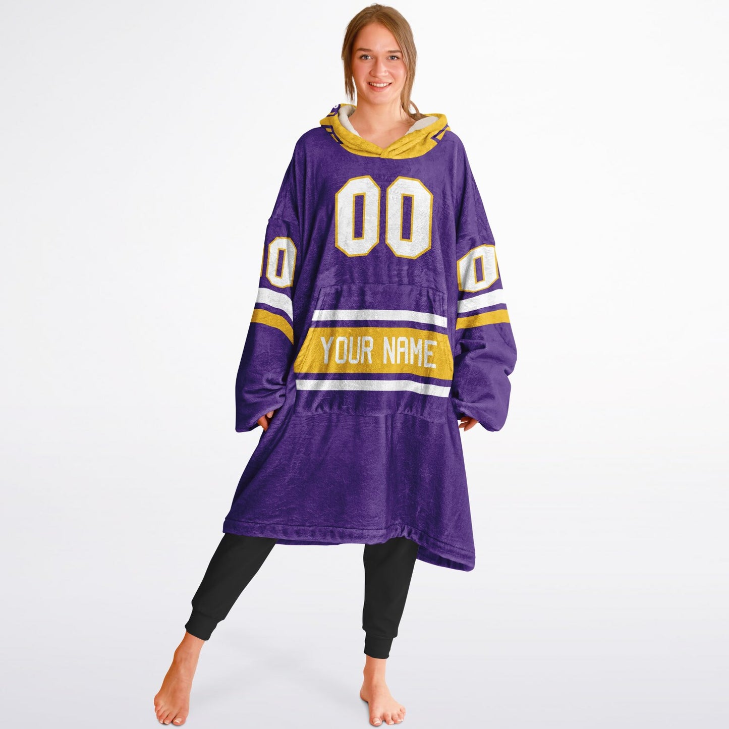 Purple, gold, and white classic snug hoodie featuring authentic jersey striping and personalized number details.