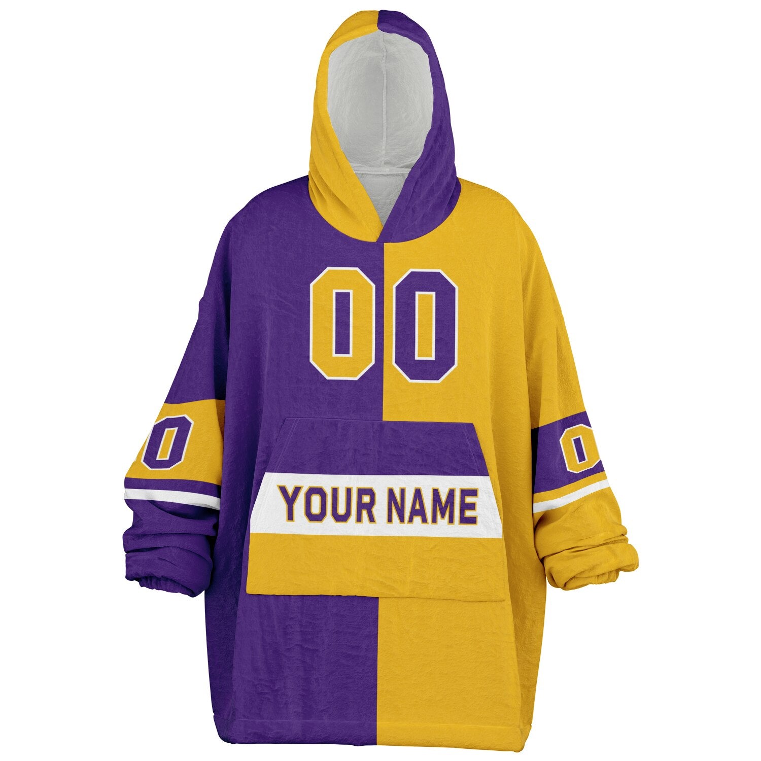 Purple, gold, and white halftime snug hoodie with three-tone split design and cozy fleece texture.