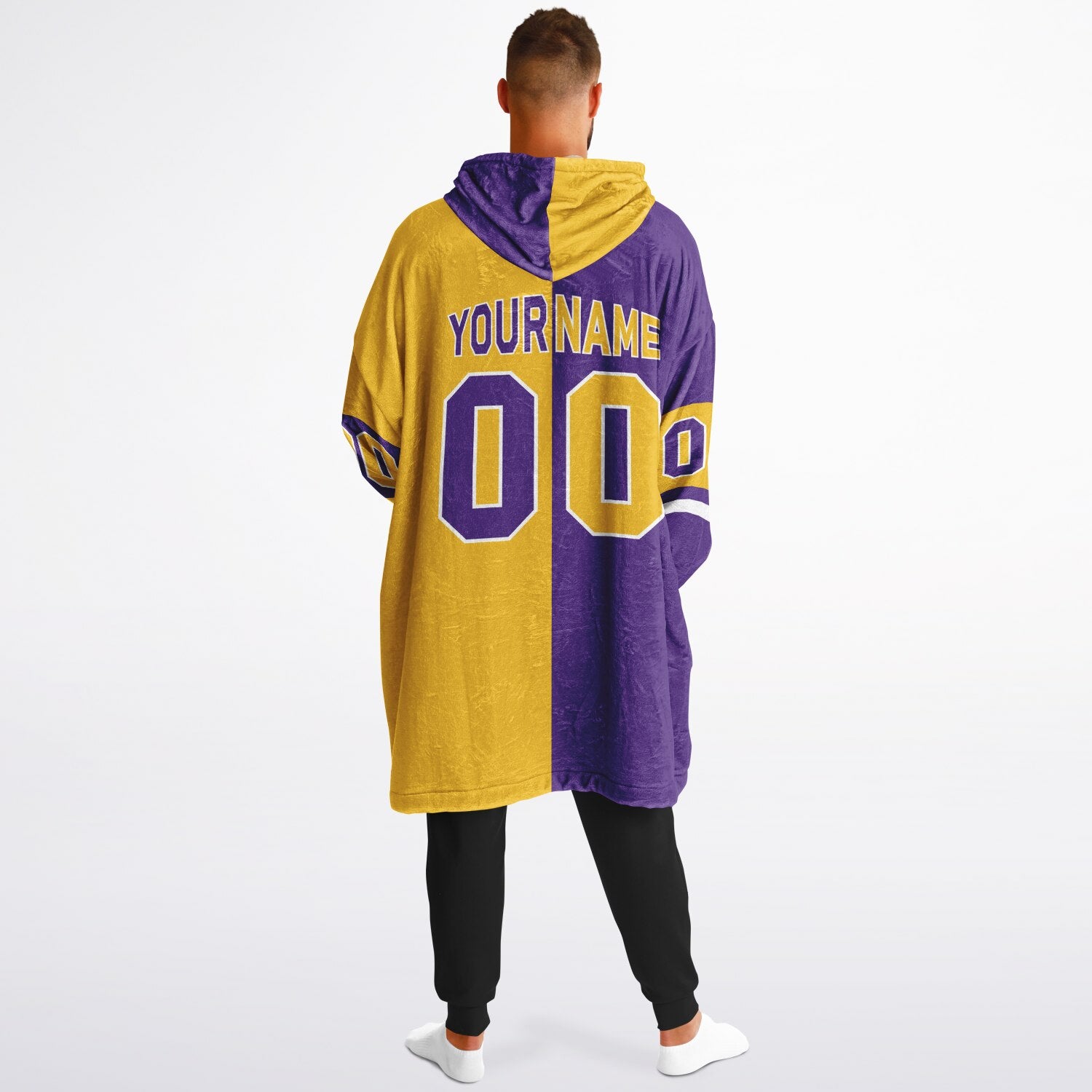Purple, gold, and white halftime snug hoodie with three-tone split design and cozy fleece texture.