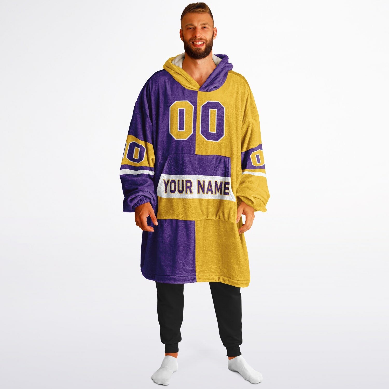Purple, gold, and white halftime snug hoodie with three-tone split design and cozy fleece texture.