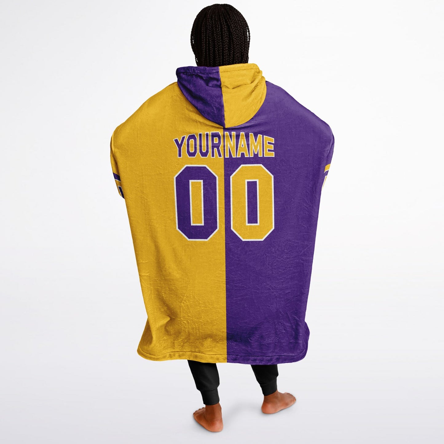 Purple, gold, and white halftime snug hoodie with three-tone split design and cozy fleece texture.
