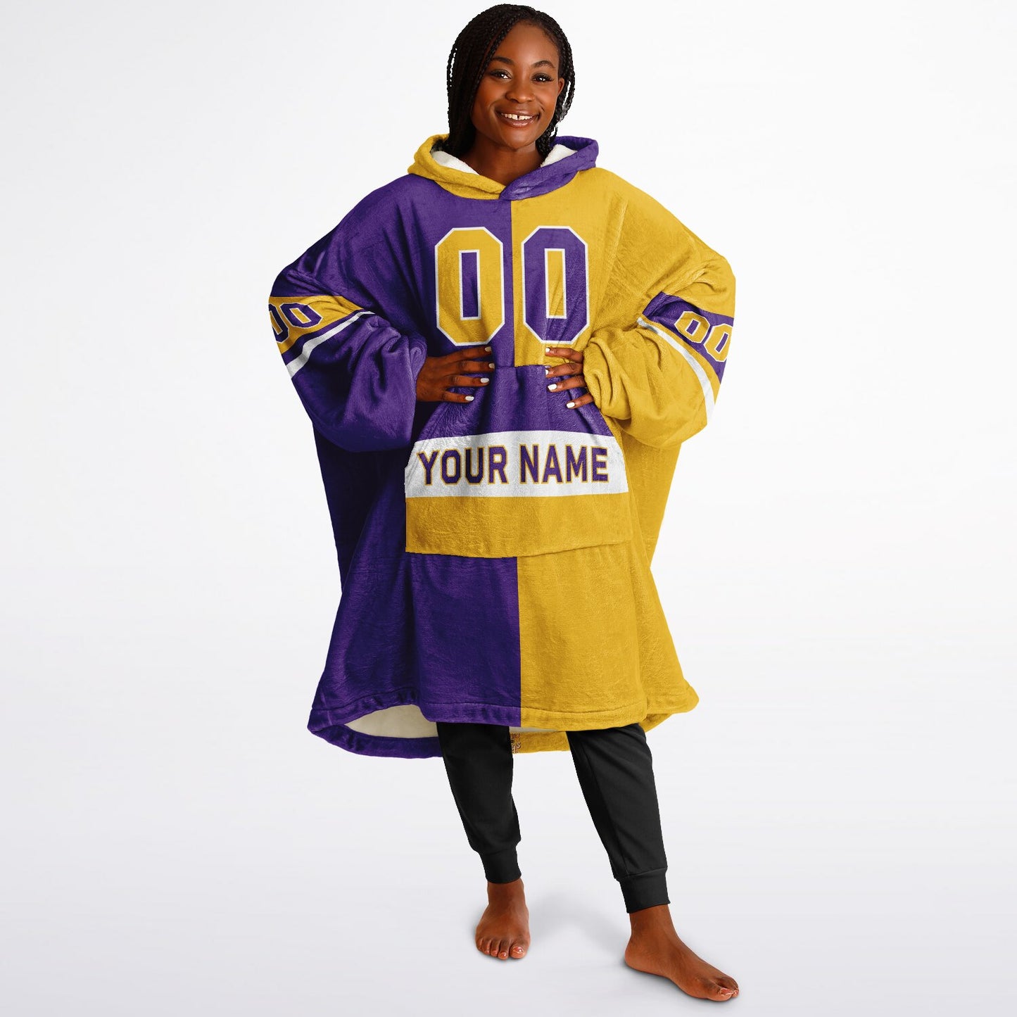 Purple, gold, and white halftime snug hoodie with three-tone split design and cozy fleece texture.