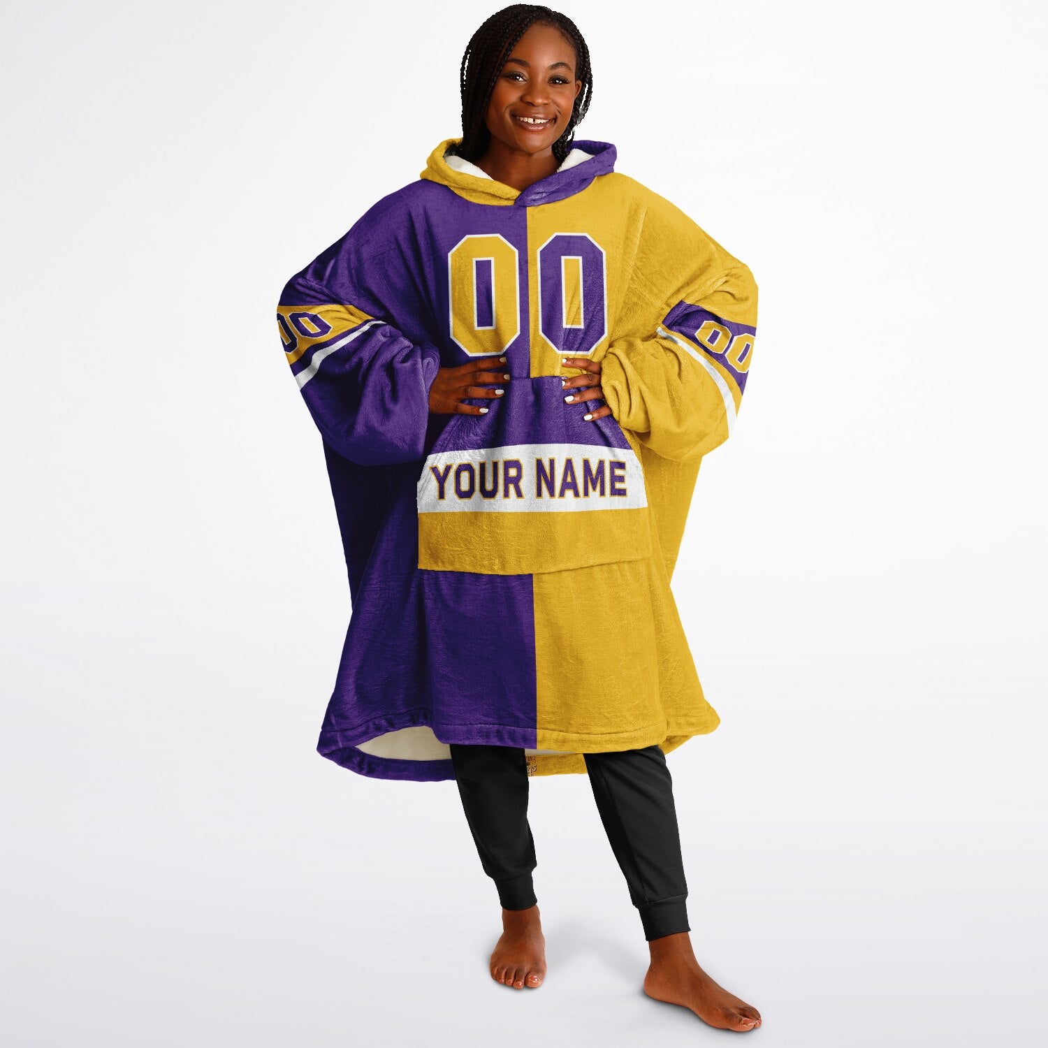 Purple, gold, and white halftime snug hoodie with three-tone split design and cozy fleece texture.