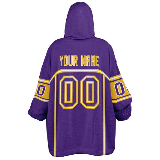 Purple, gold, and white lineup snug hoodie with clean line work and subtle jersey influence.
