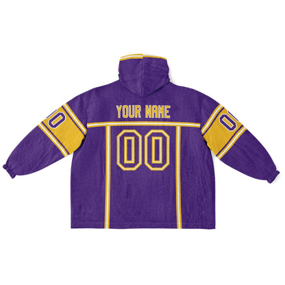 Purple, gold, and white lineup snug hoodie with clean line work and subtle jersey influence.
