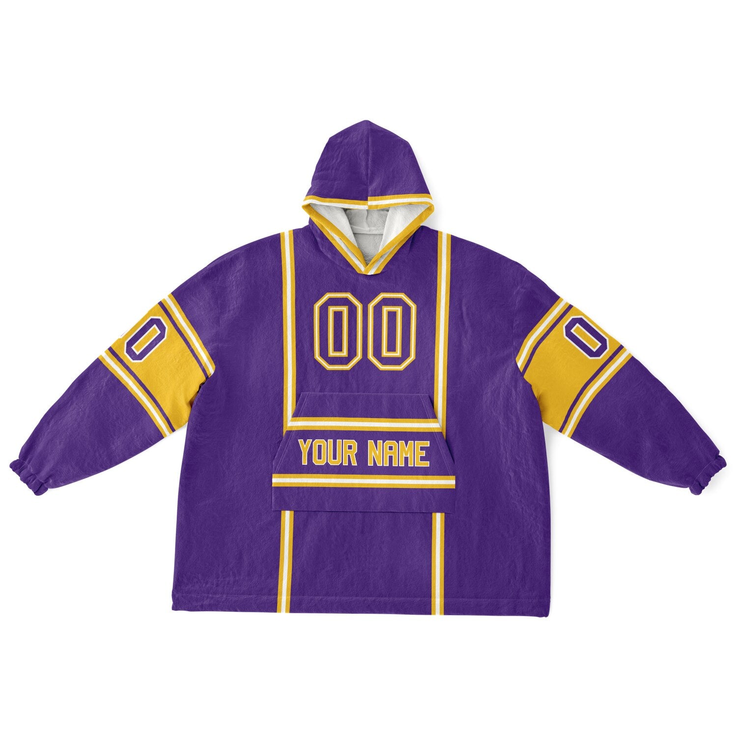 Purple, gold, and white lineup snug hoodie with clean line work and subtle jersey influence.