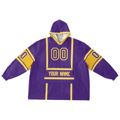 Purple, gold, and white lineup snug hoodie with clean line work and subtle jersey influence.
