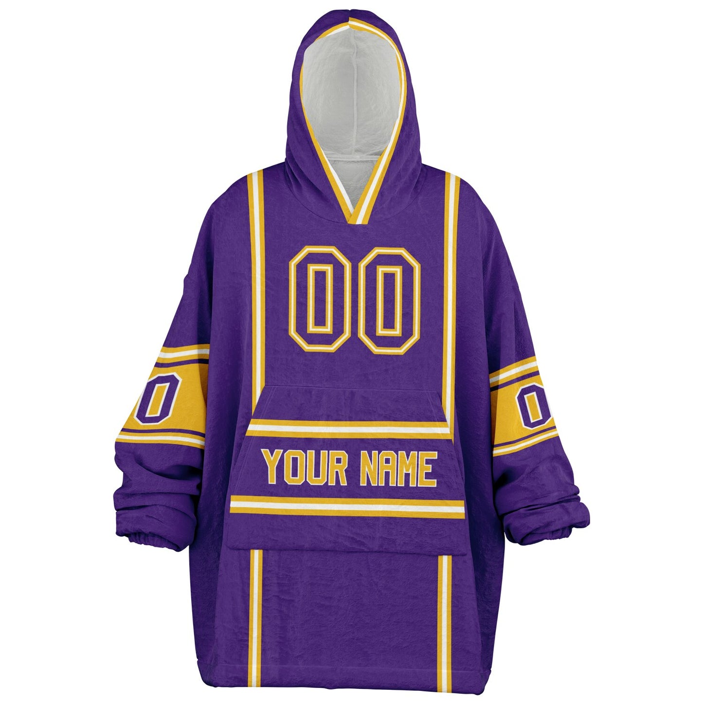 Purple, gold, and white lineup snug hoodie with clean line work and subtle jersey influence.