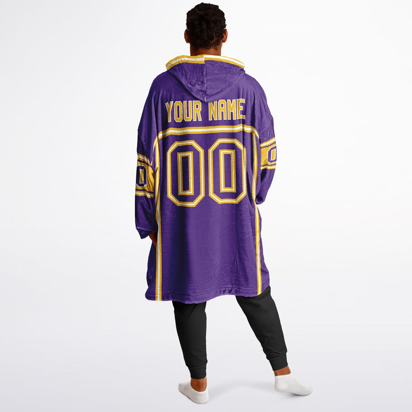 Purple, gold, and white lineup snug hoodie with clean line work and subtle jersey influence.