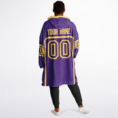 Purple, gold, and white lineup snug hoodie with clean line work and subtle jersey influence.