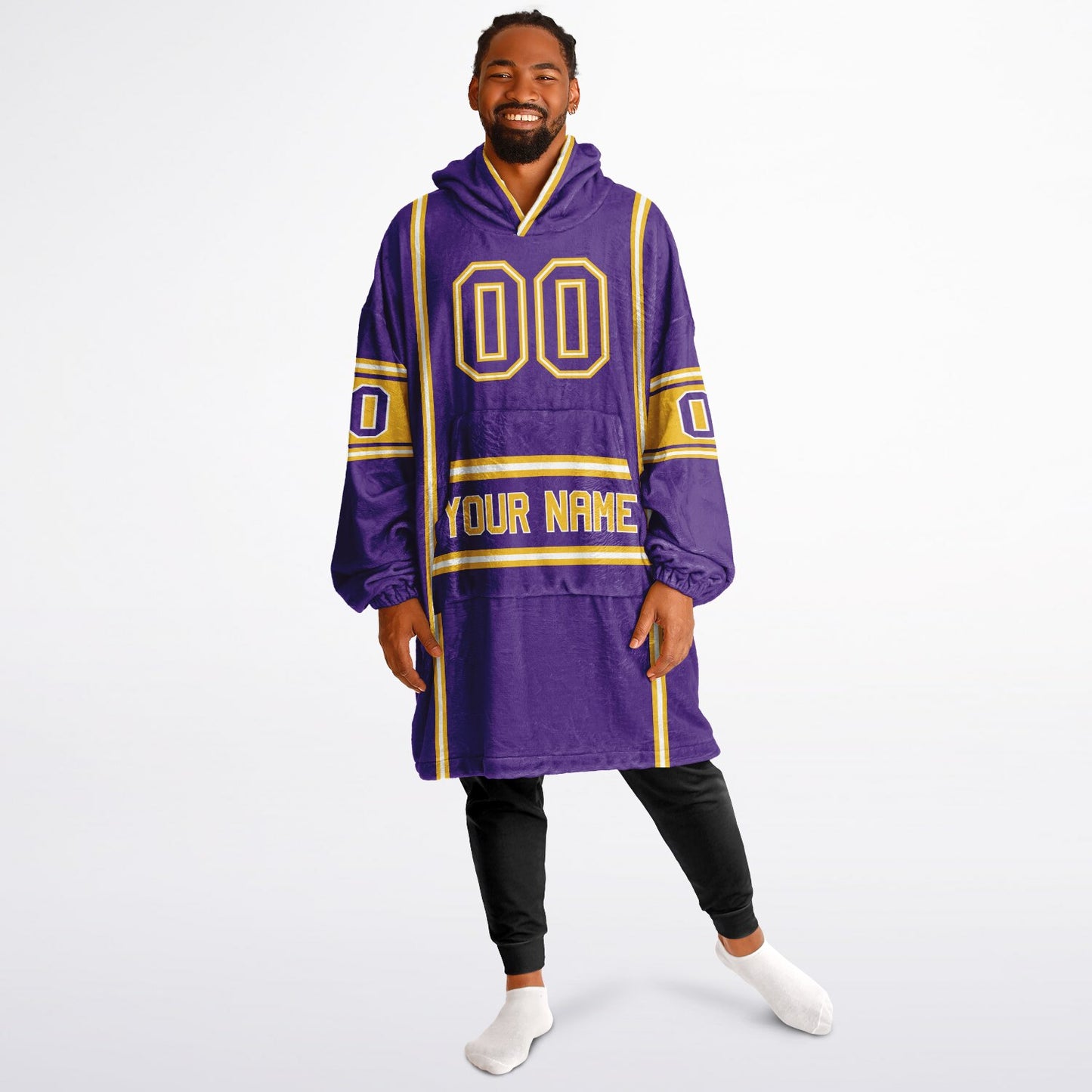 Purple, gold, and white lineup snug hoodie with clean line work and subtle jersey influence.