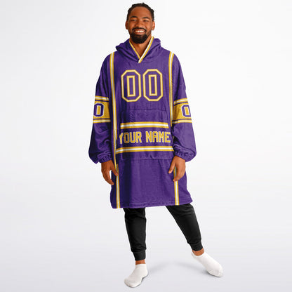 Purple, gold, and white lineup snug hoodie with clean line work and subtle jersey influence.