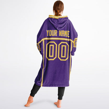 Purple, gold, and white lineup snug hoodie with clean line work and subtle jersey influence.