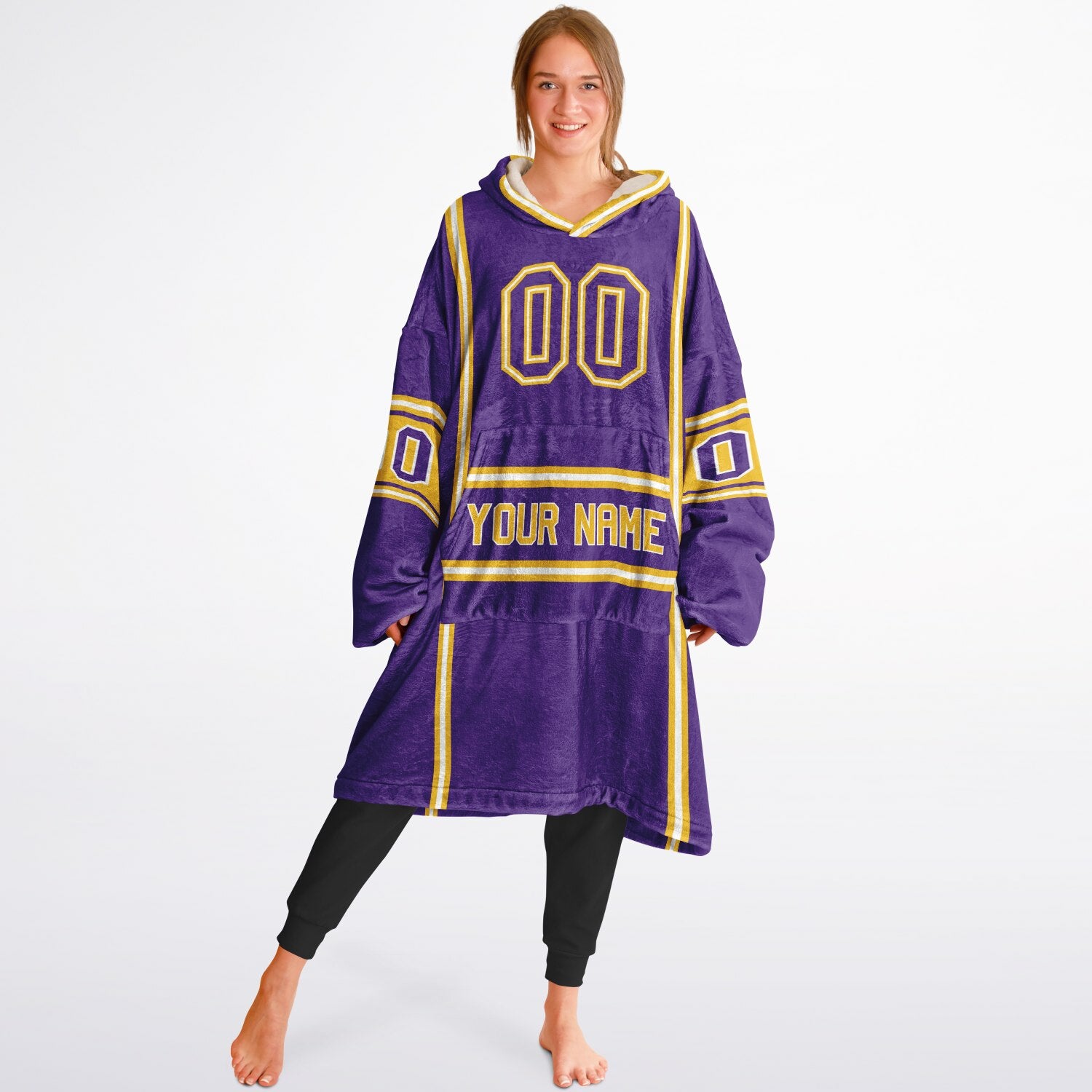 Purple, gold, and white lineup snug hoodie with clean line work and subtle jersey influence.