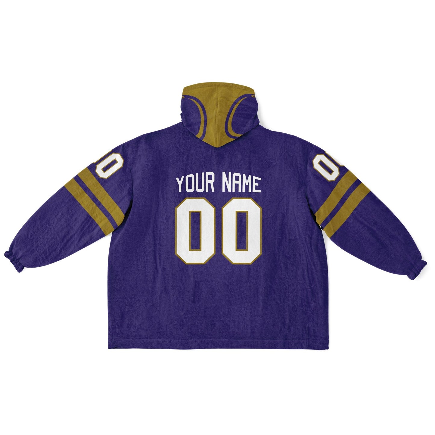 Purple and metallic gold classic snug hoodie featuring jersey-style stripes and personalized name and number.