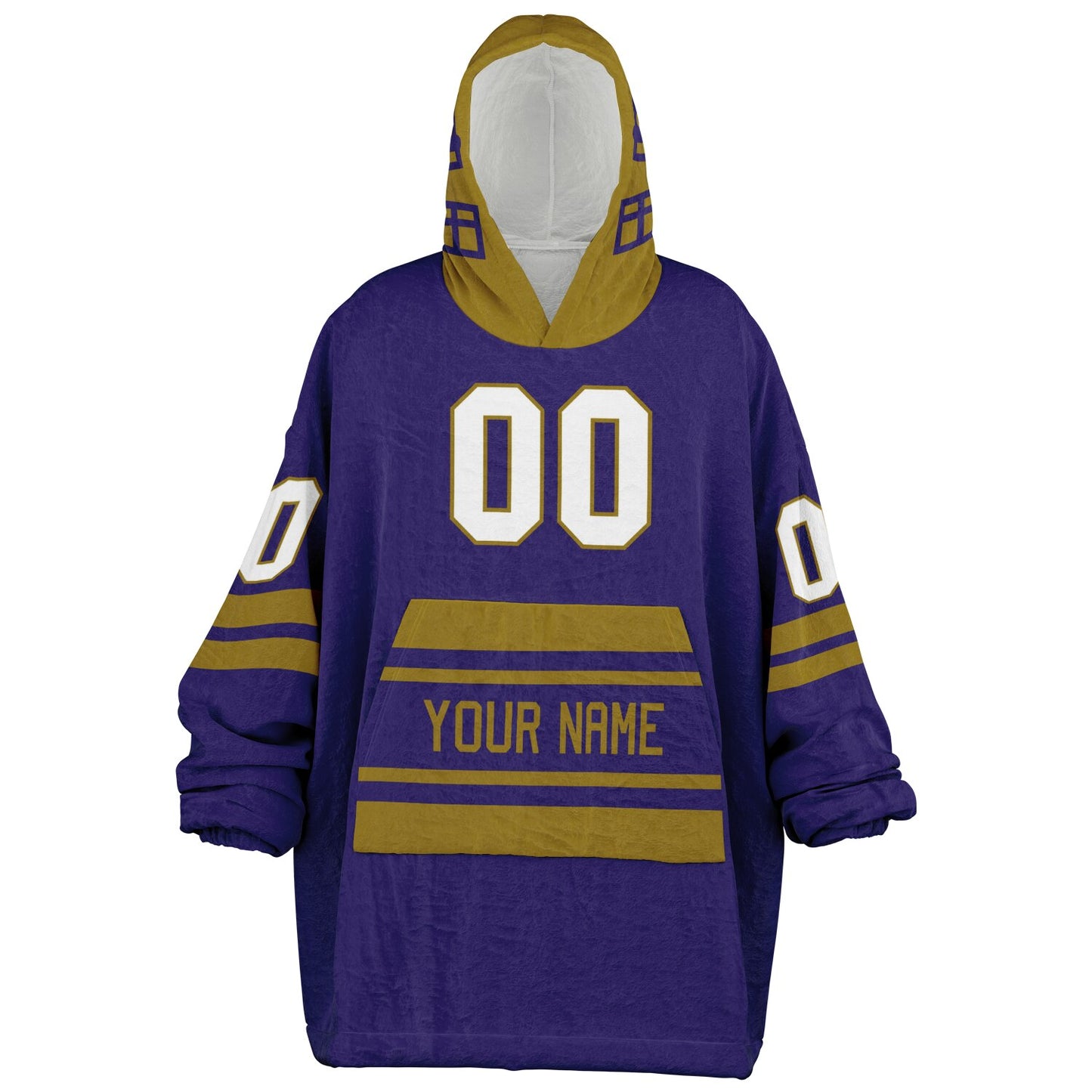 Purple and metallic gold classic snug hoodie featuring jersey-style stripes and personalized name and number.