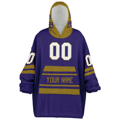 Purple and metallic gold classic snug hoodie featuring jersey-style stripes and personalized name and number.