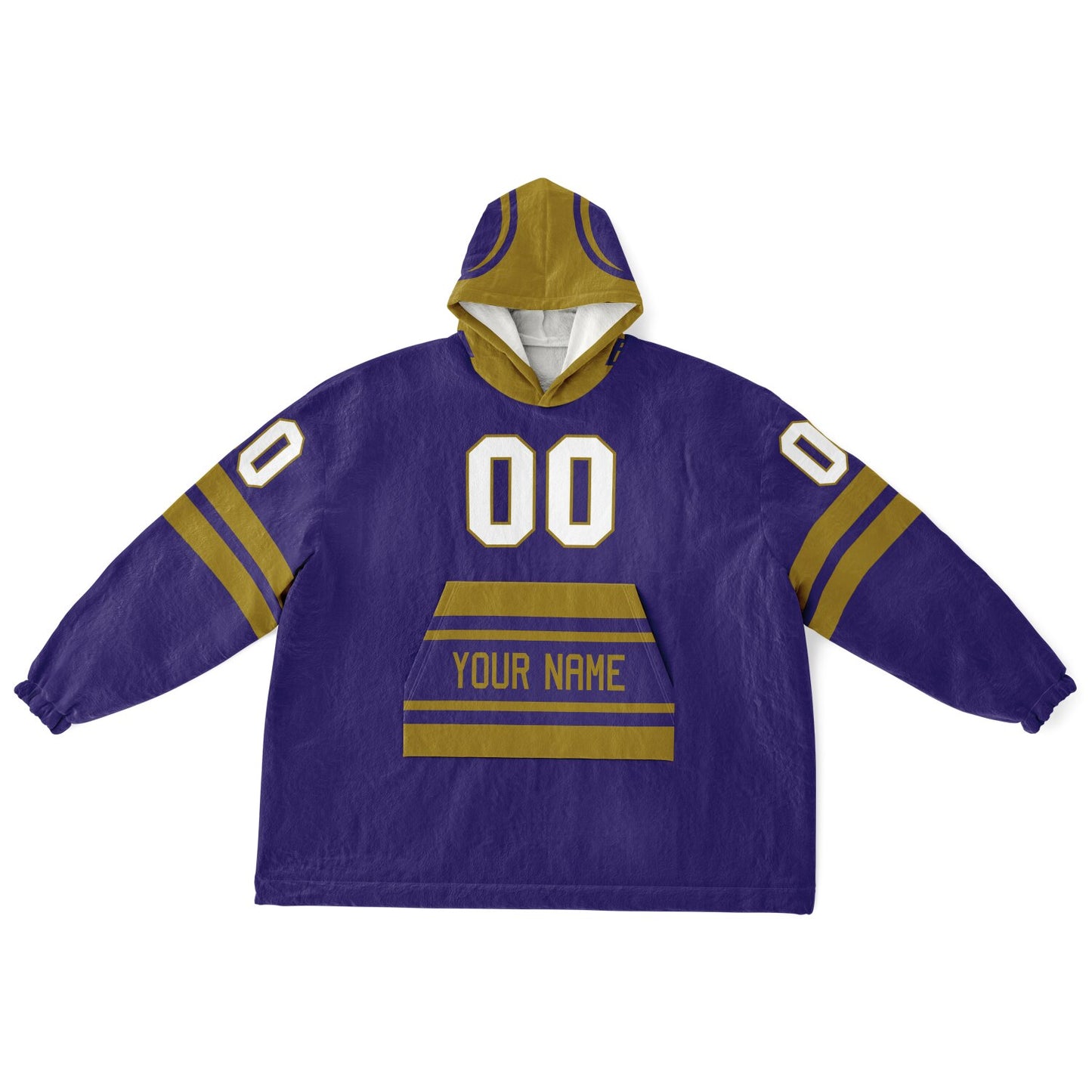 Purple and metallic gold classic snug hoodie featuring jersey-style stripes and personalized name and number.