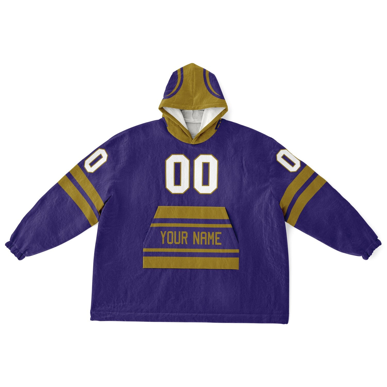 Purple and metallic gold classic snug hoodie featuring jersey-style stripes and personalized name and number.