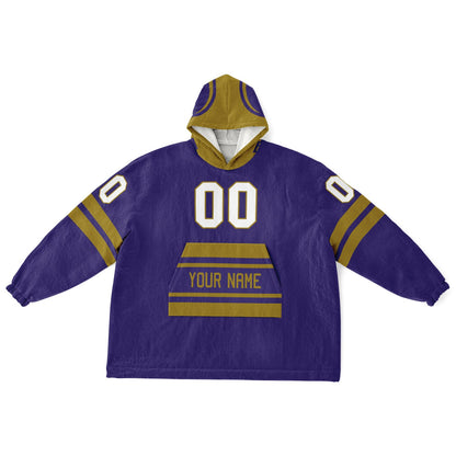 Purple and metallic gold classic snug hoodie featuring jersey-style stripes and personalized name and number.