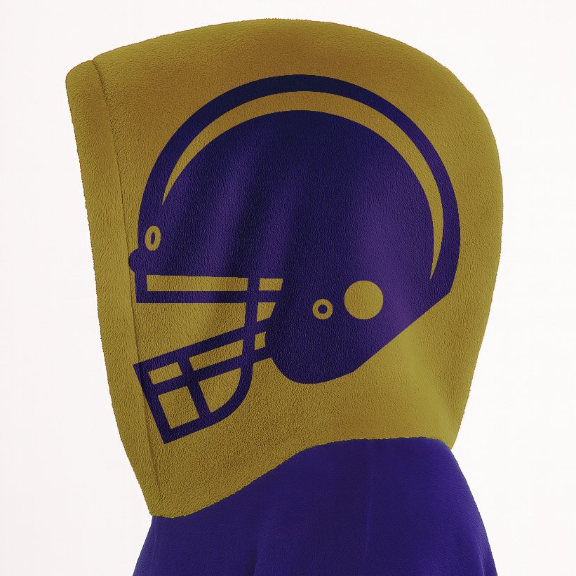 Purple and metallic gold classic snug hoodie featuring jersey-style stripes and personalized name and number.