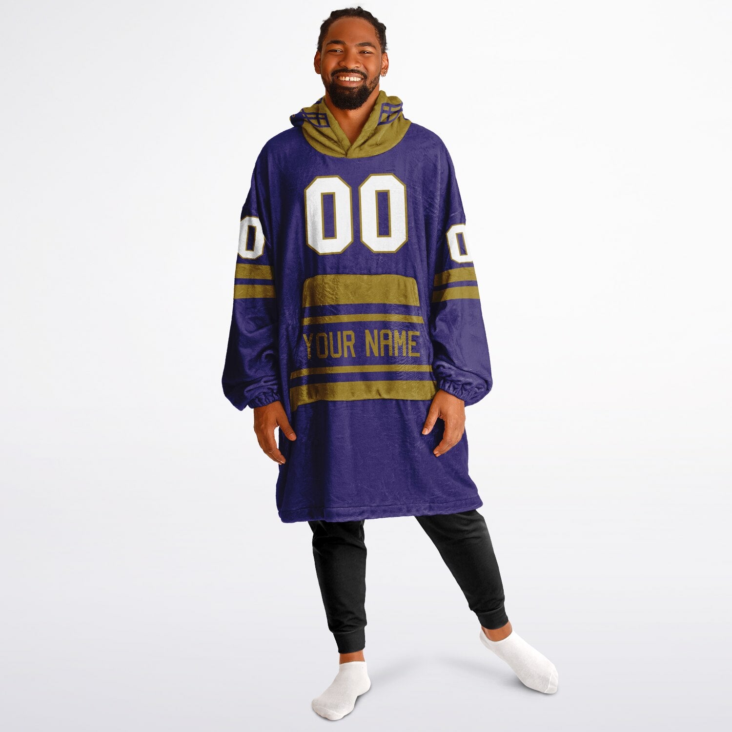 Purple and metallic gold classic snug hoodie featuring jersey-style stripes and personalized name and number.