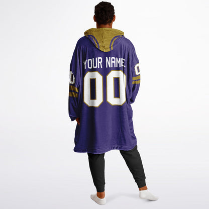 Purple and metallic gold classic snug hoodie featuring jersey-style stripes and personalized name and number.